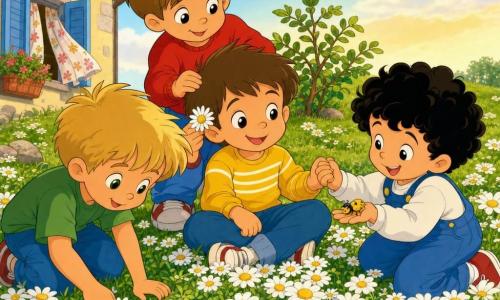 Quattro bambini di 4 anni: Leo (capelli castani corti, occhi marroni, maglia gialla a righe, seduto al centro del tappeto di margherite sorridente che tiene la mano di Giò), Marco (capelli biondi spettinati, maglietta verde, accovacciato a sinistra che tocca una margherita con stupore), Tommaso (capelli neri ricci, salopette blu, a destra che mostra un piccolo insetto giallo sul palmo ridendo), Giò (capelli castano chiaro lisci, maglione rosso, dietro leggermente su una piccola collinetta che mette una margherita dietro l'orecchio di Leo e osserva gli amici); luogo: giardino primaverile luminoso con prato verde e tappeto di margherite bianche dal cuore giallo, piccole pietre arrotondate, un giovane arbusto con bocciolo, cielo azzurro pallido e luce dorata della sera, casetta sullo sfondo con finestra aperta e tendina a fiori; scena principale: i quattro raccolti sul tappeto di margherite, ridono e condividono, atmosfera calda e dolce, colori vivaci, contorni netti, stile fumetto anni '90, espressioni facciali chiare e leggibili.