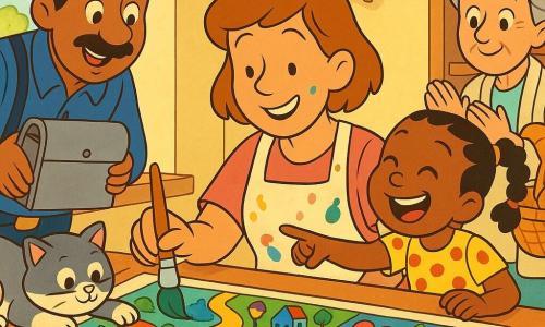Lila es una mujer ilustradora, sonriente y concentrada, pelo castaño claro corto, con un delantal manchado de pintura, sentada en una mesa de madera pintando con un pincel grueso un gran plano colorido; Nube es una gata gris y blanca, de ojos redondos, acurrucada sobre la mesa cerca del papel con una pata sobre un bote de pintura; la sobrina es una niña de unos 6 años, con trenza y vestido de lunares, riendo y señalando una casa en forma de flor, de pie a la derecha de Lila; el cartero es un hombre de unos 40 años, con bigote y gorra, con una caja de correo, inclinado desde la izquierda mirando el dibujo con curiosidad; la vecina es una mujer de unos 65 años, pelo gris recogido en moño, con una cesta de pan, aplaudiendo suavemente detrás de los niños; el taller es una habitación pequeña y luminosa con grandes ventanas, estantes de madera con botes de pintura y pinceles, hojas en la pared y una guirnalda de dibujos colgando; la escena muestra a Lila compartiendo su gran plano de ciudad fantástica: casas coloridas, árboles en forma de paraguas y farolas que cantan, trazos limpios y colores saturados, ambiente cálido y alegre; estilo gráfico: líneas suaves, colores planos y luminosos, texturas de papel, expresiones exageradas y amigables, composición centrada en la mesa y el gran plano.