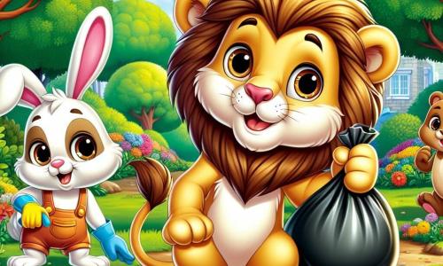 Un giovane leoncino di nome Leo, con una pelliccia dorata brillante e grandi occhi curiosi, sorride con entusiasmo mentre tiene un sacco di rifiuti tra le zampe. È circondato dai suoi amici: Pippo, un piccolo coniglietto dalle grandi orecchie bianche, che guarda con determinazione tenendo un guanto da giardinaggio, e Tina, una piccola orsetta con pelliccia marrone e occhi scintillanti, che pianta fiori colorati nel terreno. La scena si svolge in un parco verdeggiante, pieno di alberi maestosi, fiori multicolore e un ruscello scintillante che serpeggia nel paesaggio. Leo e i suoi amici stanno pulendo il parco, raccogliendo rifiuti e piantando fiori, mentre ridono e si divertono insieme, creando un'atmosfera gioiosa e piena di energia.