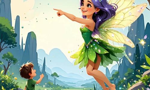 Eine kleine Fee namens Lila, mit glitzernden Flügeln wie Diamanten, fliegt fröhlich über eine Oase. Sie hat lange lila Haare, die im Wind wehen, und ein strahlendes Lächeln auf ihrem Gesicht, während sie enthusiastisch in eine Richtung zeigt. Neben ihr schaut ein 8-jähriger Junge namens Leo, mit zerzausten braunen Haaren und neugierigen Augen, bewundernd zu Lila. Er trägt ein buntes T-Shirt und einen kleinen Rucksack und springt auf der Stelle, bereit, sie auf ihrem Abenteuer zu begleiten. Ihre Umgebung ist eine wunderschöne Oase im Herzen einer weiten Wüste, mit grünen Palmen, bunten Blumen und einem klaren Teich, in dem bunte Fische schwimmen. Der Himmel ist strahlend blau, gesprenkelt mit flauschigen weißen Wolken. Die Hauptsituation zeigt Lila und Leo, die die Oase entdecken, während sie sich darauf vorbereiten, einem kleinen verlorenen Kaninchen zu helfen, das sie mit traurigen Augen von einem großen Baum aus ansieht.