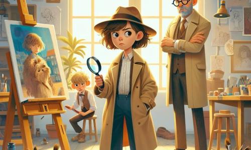 Lotte, een 12-jarig meisje en detective, staat in het midden van de afbeelding met rommelig bruin haar en een grote loep in haar hand. Ze draagt een kleine detectivepet en een beige trenchcoat, met een vastberaden en nieuwsgierige blik terwijl ze de grond afspeurt naar aanwijzingen. Naast haar staat meneer Vermeer, een man van ongeveer vijftig met ronde brillen en een grijsbaard, bezorgd met gekruiste armen en kijkt aandachtig naar Lotte. Een klein jongetje van ongeveer 8 jaar met blond haar staat een beetje op afstand, met een schuldige blik en verf op zijn handen, en kijkt Lotte hoopvol aan. De achtergrond is het atelier van meneer Vermeer, een lichte ruimte vol kleurrijke doeken, verspreide verfpotten en penselen, met een groot raam dat zonlicht binnenlaat. Achterin is een rommelige houten tafel te zien, bedekt met tekeningen en kunstmaterialen. De hoofdactie toont Lotte die het onderzoek uitvoert, de grond afspeurend naar bewijs, terwijl meneer Vermeer haar uitlegt over het verdwijnen van zijn kostbare kleuren, en het kleine jongetje, een beetje nerveus, wacht om te zien of Lotte zijn geheim ontdekt.