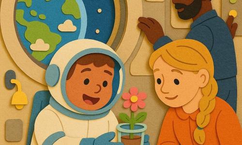 Un astronaut zâmbitor și uimit, cu față rotundă și păr brun scurt sub vizieră, în costum spațial alb și albastru, ține cu grijă o mică floare roz într-un ghiveci transparent lângă un hublou rotund; o colegă de aproximativ 35 de ani cu păr blond împletit, ghemuită lângă el, ține un carnet colorat și privește floarea cu blândețe, iar un coleg de circa 40 de ani, cu barbă scurtă, stă în picioare în spate și verifică butoane luminoase pe un panou gri. Interiorul cabinei este rotund, cu pereți crem mata și panouri simple, un mare hublou arată Pământul albastru-verde cu nori pufoși, și există mici lămpi galbene și cabluri stilizate; scenă caldă și liniștită, lumină blândă din hublou, expresii vesele și binevoitoare, atmosferă sigură și curioasă. Stil vizual: forme tăiate clar, texturi de hârtie, culori pastel vii, umbre simple, contururi groase și detalii grafice lizibile pentru copii mici.