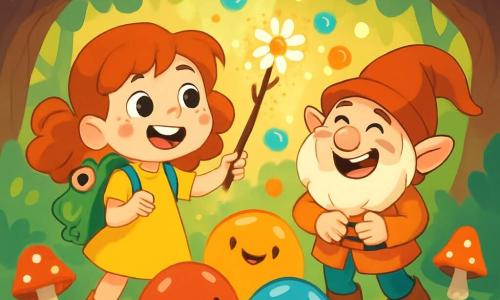 A 6-year-old girl named Millie, with big red curls and rosy cheeks, smiles in wonder. She wears a frog-shaped backpack and holds a magic wand made from a twisted twig, a daisy, and glitter. Next to her, a funny gnome, about 30 years old, with an oversized hat and undersized boots, laughs while holding his belly, surrounded by colorful bubbles floating around them. The setting is an enchanted forest with twisted tree trunks, shiny leaves, and singing mushrooms dancing on the moss-covered ground. Sun rays filter through the foliage, creating a magical and joyful atmosphere. The main scene shows Millie casting a spell with her wand while large colorful jellies, as big as pumpkins, joyfully bounce around her, singing fun melodies.