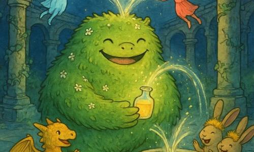 Mossbell, a soft round monster, smiles broadly and appears serene and determined; covered in mossy green fur dotted with small white flowers, tall and stocky, he gently holds a small glowing glass vial on the edge of a fountain. A bread-sized little dragon with golden scales and trembling wings timidly claps and stands in the foreground left of the fountain. Three rabbits wearing dandelion crowns laugh and hide behind a broken column to the right, ears perked toward the monster. Two floating sprites, one pale blue and one coral red, hand in hand above the fountain, watch the scene with relief and tenderness and direct arcs of luminous water together. The place is a circular courtyard of ancient ruins: cracked stone columns wrapped in ivy, worn star-patterned tiles, and a central fountain where water floats in silver arcs, lit by a golden moonlight. Main moment: Mossbell pours the vial’s 