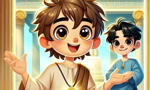 No centro da imagem, Alexios, um menino de oito anos, é representado com cabelos castanhos bagunçados e olhos brilhantes de curiosidade. Ele usa uma túnica simples de linho bege, com um amuleto dourado brilhante ao redor do pescoço. Seu rosto expressa excitação e determinação, enquanto se posiciona diante de uma imponente estátua da deusa Atena, levantando a mão como se tivesse descoberto um segredo mágico. Ao lado dele, Nikos, seu melhor amigo, um garoto da mesma idade com cabelos negros e olhos vivos, observa admirado o amuleto. Ele veste uma túnica azul e parece pronto para embarcar em uma nova aventura, com os braços cruzados e um sorriso no rosto. O cenário é o majestoso Templo de Atena, com colunas douradas e motivos esculpidos que representam cenas mitológicas. A luz do sol filtra através das nuvens, iluminando a cena com um brilho dourado, enquanto pássaros voam sobre os telhados. A cena principal mostra Alexios descobrindo o poder do amuleto, com faíscas de luz mágica emanando de seu corpo, enquanto folhas giram ao seu redor, criando uma atmosfera de encanto e mistério.