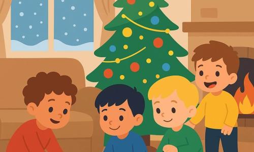 Há 4 crianças: - Um menino chamado Tom, de 4 anos, com cabelos castanhos encaracolados, vestindo um suéter vermelho, agachado perto do sofá, estendendo a mão para uma pequena bola de Natal. - Um menino chamado Léo, de 4 anos, com cabelos loiros e curtos, vestindo um suéter verde, segurando uma pequena lanterna acesa e iluminando debaixo do sofá. - Um menino chamado Nuno, de 4 anos, com cabelos pretos e lisos, vestindo um suéter azul, sentado ao lado de Tom, sorrindo e olhando para a bola de Natal. - Um menino chamado Rui, de 4 anos, com cabelos castanhos despenteados, vestindo um suéter amarelo, em pé atrás de Tom e Nuno, rindo alegremente. O local é uma sala de estar acolhedora e iluminada, com uma grande janela mostrando a neve caindo suavemente do lado de fora. Uma lareira crepita suavemente em um canto, e uma grande e brilhante árvore de Natal decorada com guirlandas luminosas e bolas coloridas se ergue majestosamente no centro da sala. A situação principal mostra as crianças reunidas em torno do sofá, onde Tom recupera uma bola de Natal caída, iluminada pela lanterna de Léo. As crianças estão cercadas por uma atmosfera festiva e alegre, com cores vivas e expressões de felicidade em seus rostos.