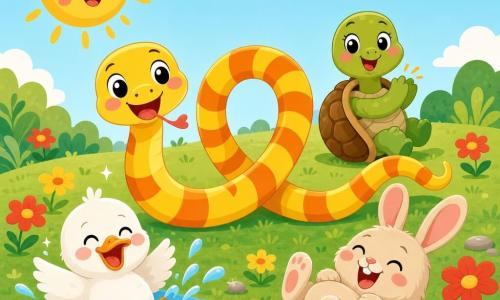 A joyful smiling snake, bright yellow with orange stripes, round shiny eyes and a heart-shaped tongue, making a large wavy loop in the center; a small round duck (Dotty) with white plumage and an orange bill splashes a blue puddle to the snake’s left and laughs with sparkling droplets; a low beige rabbit (Benny) with big pink ears rolls in the grass to the right with laughing eyes; a green turtle (Tilly) with a light-brown shell behind the snake claps with a front leg while turning on its shell; a sunny pastel meadow with textured green grass, simple red and yellow flowers, a few leaves and rounded stones, light blue sky and a smiling sun top-left; main scene: friends in a playful procession imitating the snake’s central wiggle, centered composition, simple shapes, soft outlines and a warm contrasting palette for toddlers.