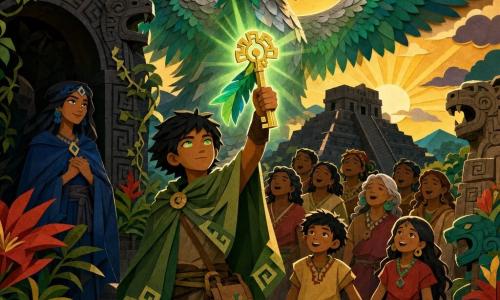 A man, Tlaloc, stands center with a serene, determined face, bright eyes, tanned skin and short black hair, wearing a moss-green cloak and leather satchel while holding aloft a golden fairy-key adorned with quetzal feathers that emits a soft green glow; a mysterious woman (young adult) in a midnight-blue cloak with long black hair watches from the shadow of an obsidian arch to his left, hands clasped and kindly expression; the Guardian, a massive half-jaguar half-eagle creature with iridescent silver scales and emerald feathers, spreads its wings above the plaza with a protective, powerful gaze; a mixed group of villagers stands behind Tlaloc, hands joined and singing, including two children—a smiling 8-year-old boy in an ochre tunic and a 10-year-old girl in a red dress holding hands; the setting is the high plaza of a Mesoamerican city with a black stone pyramid in the background, carved stones, jaguar and serpent statues, vines and red and yellow tropical flowers; the scene captures a sunrise victory with golden light pierced by green rays from the key, dissipating dark clouds, an atmosphere of wonder and unity, strong contrasts and saturated colors in a paper-cutout style.