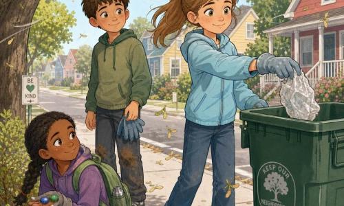 The main girl, about 10, with chestnut hair in a ponytail, bright hazel eyes and a shy proud smile, wears a light blue jacket, jeans and slightly oversized gloves, and reaches to drop a crumpled plastic packet into a green bin. A secondary boy, about 10, with short brown hair and slightly dirty knees, holds a pair of gloves in his left hand and stands behind her with an encouraging smile. Another secondary girl, about 10, with black hair in a braid and a green backpack, kneels by a sparse bush holding two bottle caps in her palm. The scene is a tree‑lined neighborhood street with colorful houses, green leaves and twirling samaras, a clean sidewalk, a municipal green bin and a silver plastic bag near the bush. Main situation: three children collecting litter on a windy afternoon, calm supportive gestures, warm determined expressions, clear bright composition, soft pastel colors, rounded lines and tactile details.