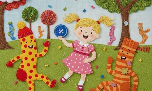 Four-year-old Lucy, smiling and wide-eyed, with blonde pigtails and a pink polka-dot dress, holds a large shiny blue button and hops on one foot; to her left Socky McSocksalot, a big joyful sock covered in red and yellow dots with visible seams and a pompom, dances a step, and to her right Sir Stripes-a-lot, an old orange-and-brown striped sock with patches and mended seams, sits laughing on a pile of colorful balls. The scene is the "Land of Silly Socks": a green felt meadow, multicolored wool trees, cotton clouds, giant dancing socks like flowers, and a sparkling sock tree in the background. Lucy and the socks are mid–"Sock Hop," bouncing together with sewn confetti falling, vivid colors and visible stitching for a tactile, cozy feel.