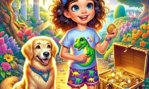 Una niña de 9 años, Valentina, con cabello rizado y brillante, lleva una camiseta con motivos de dinosaurios y pantalones cortos coloridos. Tiene ojos brillantes de emoción y una gran sonrisa, sosteniendo un viejo tesoro de metal en sus manos, con los ojos desmesuradamente alegres. A su lado, su perro Lobo, un golden retriever de pelaje dorado, mueve la cola con entusiasmo, mirando a Valentina con cariño. El escenario es un jardín soleado, lleno de flores coloridas y árboles majestuosos, con un viejo cofre de madera abierto a sus pies, revelando objetos brillantes. La escena principal muestra a Valentina descubriendo un tesoro escondido en su jardín, rodeada de una atmósfera mágica y una luz dorada que ilumina su aventura.