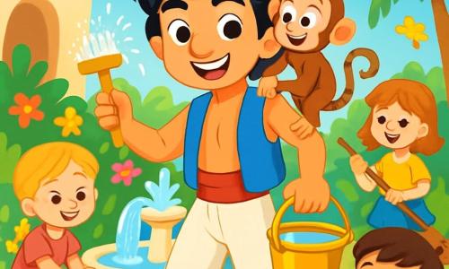 Aladino, un ragazzo con i capelli neri e ricci, indossa un gilet blu brillante e pantaloni bianchi. Il suo viso brilla di determinazione e gioia mentre tiene una scopa scintillante in una mano e un secchio dorato nell'altra, pronto a pulire la fontana. Accanto a lui, Abu, la sua scimmia dispettosa, si arrampica sulla sua spalla, con gli occhi pieni di eccitazione. Intorno a loro, diversi bambini, ragazzi e ragazze di età compresa tra 6 e 10 anni, si muovono gioiosamente. Una ragazza con i capelli biondi intrecciati, vestita con un abito rosa, raccoglie rifiuti con un grande sorriso. Un ragazzo con i capelli castani, indossando una maglietta verde, canta mentre spazza le foglie secche. La scena si svolge vicino a una fontana magica nel centro di Agrabah, circondata da fiori colorati e palme verdi. L'acqua della fontana brilla sotto il sole e gli uccelli cantano sugli alberi. Aladino e i suoi amici stanno pulendo la fontana, trasformando un luogo un tempo sporco in uno spazio gioioso e luminoso, pieno di risate e canti.