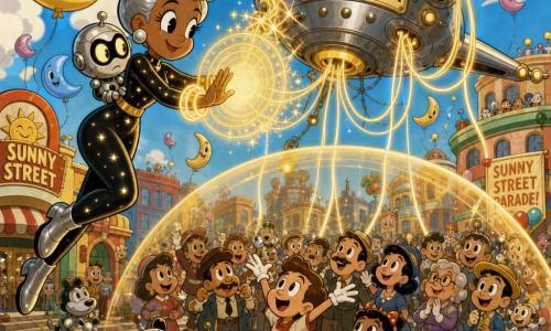 A smiling, serene heroine with cacao skin and a springy silver bun floats above a rooftop in a dark suit speckled with tiny lights, hands open to show luminous bracelets projecting a golden circle; a round silver robot named Pipp with big glowing eyes perches on her right shoulder, looking seriously yet comically at the large central metal machine—the Sky-Stringer with star-shaped arms and suspended light ribbons—on Sunny Street during a parade: cobbled streets, moon-shaped balloons, dancing robot dogs and colorful flat-roofed buildings; a six-year-old boy in the crowd points up excitedly while a five-year-old girl in a polka-dot dress holds a teddy and smiles confidently as the heroine calmly untangles light ribbons, small sparks bounce off a translucent shield and a protective bubble of light descends over the crowd; visual style: warm vivid colors, thick black outlines, exaggerated readable expressions, smooth shiny rubbery textures, joyful reassuring mood.