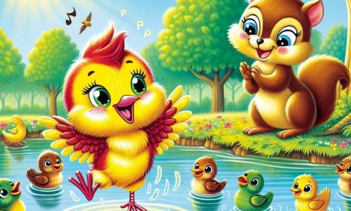 An illustration depicts a small cranberry with bright yellow feathers and a determined look, joyfully dancing on the surface of a pond. Its wings are slightly spread, and it has a radiant smile, showing its self-confidence. Nearby, a small brown squirrel with a bushy tail and sparkling eyes enthusiastically claps, encouraging its friend from a tree branch. In the background, a group of curious ducks and frogs watch the performance with expressions of surprise and wonder. The ducks are in various shades of green and brown, while the frogs are a vibrant green, ready to cheer. The main setting is a sunny pond surrounded by tall trees with lush leaves, shimmering reflections on the calm water, and colorful flowers lining the shore, adding a touch of magic. The scene captures the cranberry's unique dance, celebrating its difference and confidence, while friends cheer in a festive atmosphere, with water bubbles bursting around it, adding dynamism.