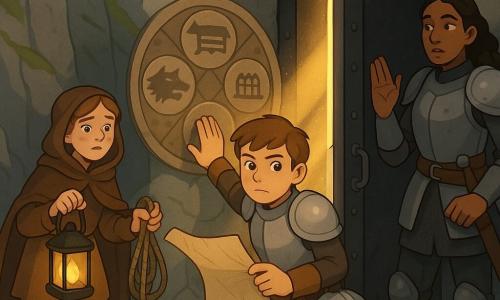 Melle, jongen ~12 jaar, rond gezicht, kort kastanjebruin haar, te grote lichte harnas, helm aan riem; geconcentreerd en vastberaden, houdt een groot uitgevouwen perkament in de ene hand en legt de andere op een gegraveerde steen om een deur te activeren. Sera, meisje ~13 jaar, sproeten, versleten bruine mantel en modderige laarzen, houdt een brandende lantaarn links en een bundel touwen rechts, staat links achter Melle, bezorgd maar moedig. Aline, vrouw ~35 jaar, lang en stevig, grijze harnas met littekens, zwaard in schede en hand geheven ter bescherming, staat rechts van Melle, waakzaam en kalm. Locatie: smalle mistige kloof met grijsgroene mosgestreepte rotswanden, rotsachtige bodem met witte krijttekens, deels geopende zwarte ijzeren deur in de rots; voor de deur een cirkel van gegraveerde stenen in oude rozet met symbolen (wolf, brug, gesloten mond). Situatie: deur gaat langzaam open door Melles hand en het perkament, gouden lichtstralen breken door de mist, glinsterend stof, gezichten tonen opluchting en verwondering, avontuurlijke en eerbiedige sfeer. Stijl: strakke vectorillustratie, verzadigde zachte kleuren, schone contouren, eenvoudige texturen voor steen en metaal, zacht dramatisch licht, compositie gericht op deur en de drie personages in een driehoek.