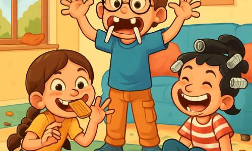 Hay 3 personajes: - Lucía: una niña de 7 años, con largos cabellos castaños trenzados, ojos brillantes y una gran sonrisa. Lleva una camiseta amarilla y un short de mezclilla, y está agachada haciendo una mueca divertida, con un gofre entre los dientes. - Tomás: un niño de 10 años, con cabello castaño desordenado y gafas redondas. Lleva una camiseta azul y pantalones cargo, y está de pie, con los brazos extendidos, haciendo una mueca de león con cucharas de plástico en la boca. - Sofía: una niña de 11 años, con cabello negro recogido en una cola de caballo, ojos traviesos y una camiseta a rayas. Está sentada en el suelo, riendo a carcajadas, con rulos de papel alrededor de la cabeza, haciendo una mueca exagerada. La escena transcurre en el salón luminoso de la casa de los Martínez, con paredes pintadas de amarillo pastel, un gran sofá colorido, cojines esparcidos y juguetes desordenados sobre la alfombra. Una ventana abierta deja entrar la luz del sol, iluminando la escena alegre. Los tres niños participan en un concurso de muecas hilarantes, rodeados de risas y pasteles desordenados, cada uno intentando hacer la mueca más graciosa posible, mientras un jarrón roto se encuentra al fondo, añadiendo un toque de caos a esta divertida escena.