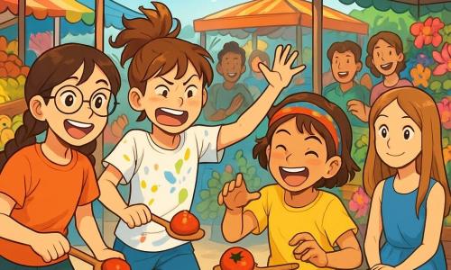 Hay 4 niños: - Vera: una niña de 10 años, con gafas redondas y trenzas castañas, sonriente y llena de energía, sostiene un mango dorado en sus manos. - Lila: una niña de 9 años, con un peinado desordenado y manchas de pintura en su camiseta, está haciendo una mueca divertida, con los brazos en alto. - Emi: una niña de 10 años, con el cabello corto y una diadema colorida, se ríe a carcajadas, con los ojos brillantes, y trata de atrapar un churro imaginario. - Sol: una niña de 10 años, con cabello largo y liso, vestida con un vestido azul, está sentada en un banco, observando a sus amigas con una sonrisa serena. El lugar es un mercado animado, lleno de coloridos puestos de frutas, verduras y dulces. Los puestos de flores de colores vivos rodean a los niños, mientras que un cielo azul brillante y nubes esponjosas añaden a la atmósfera alegre. La situación principal muestra a las cuatro amigas participando en una divertida carrera, cada una sosteniendo un tomate en una cuchara, avanzando lentamente con expresiones cómicas en sus rostros. Otros niños y adultos las animan, riendo de sus movimientos torpes y las muecas que hacen.