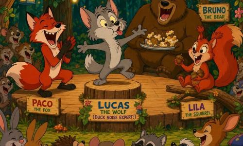 Un pequeño lobo gris llamado Lucas, antes tímido ahora alegre, de pelaje suave y grandes orejas, ojos brillantes, en el centro de un podio de troncos imitando un sonido de pato con gesto exagerado y sonrisa traviesa; a la izquierda Paco el zorro rojizo y pícaro, con cola tupida, doblado de risa aplaudiendo; a la derecha Lila la ardilla pelirroja, vivaz, sentada en una rama baja sosteniendo avellanas como accesorio y sonriendo; atrás Bruno el oso pardo, grande y bonachón, sentado cerca del público con una bandeja de pasteles aplastada en las rodillas riendo a carcajadas; lugar: centro comunitario en un claro de bosque iluminado con guirnaldas y luces amarillas, público de animales sobre troncos y cojines, alfombra de musgo; situación: concurso de talentos cómico, escenario de madera simple, ambiente cálido y festivo, expresiones exageradas y colores vivos, estilo cartoon años 90, composición centrada en Lucas con amigos reaccionando alrededor.