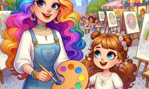 Clara, eine Frau mit langen, lockigen Haaren in Regenbogenfarben, steht lächelnd und voller Enthusiasmus im Mittelpunkt der Bühne, einen Pinsel in der einen Hand und eine Palette mit leuchtenden Farben in der anderen. Neben ihr steht Mia, ein etwa 8-jähriges Mädchen mit funkelnden Augen und braunen Haaren, die in zwei Zöpfen gebunden sind, und schaut mit Staunen auf die Farben auf der Palette, bereit, ihr eigenes Meisterwerk zu malen. Der Ort ist ein charmantes und lebhaftes Freiluftgelände, ein großer Stadtbereich mit Tischen, die mit weißen Tüchern, leuchtenden Farbtöpfen und Pinseln in allen Größen bedeckt sind, umgeben von bunten Blumen und Kinderlachen. Die Hauptsituation zeigt Clara und Mia, die an einer großen Leinwand zusammenarbeiten, wobei jeder seine persönliche Note hinzufügt und gemeinsam ein wunderschönes Gemälde schafft, das die Freude und Kreativität der Gemeinschaft darstellt.