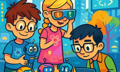 Ci sono 3 personaggi: Lapo, un ragazzo di 10 anni con capelli castani disordinati e occhiali rotondi, indossa una maglietta blu con ingranaggi stampati e tiene un piccolo robot in mano; Ginevra, una ragazza di 9 anni con capelli biondi intrecciati e occhiali da sole colorati, indossa un vestito rosa con motivi floreali futuristici e usa un visore digitale per fotografare i robot; Tommaso, un ragazzo di 11 anni con capelli neri e occhiali quadrati, indossa una camicia verde e un gilet arancione, è chino su un piccolo computer portatile cercando di decifrare i simboli dei robot. I tre amici si trovano al centro di Lumina City, una città futuristica con edifici scintillanti, auto volanti nel cielo blu e alberi dalle foglie multicolori. Lapo, Ginevra e Tommaso stanno esplorando un gruppo di robot che disegnano forme strane sul terreno, affascinati e curiosi si chinano per vedere meglio i simboli misteriosi, circondati da luci scintillanti e un'atmosfera avventurosa.