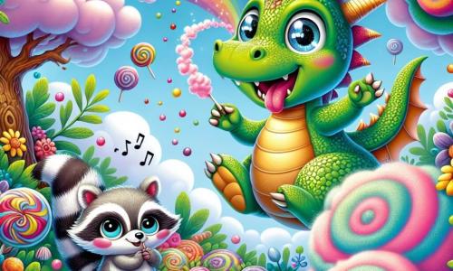 Un piccolo drago di nome Pompierino, con squame verdi scintillanti e occhi pieni di curiosità, salta di gioia in un giardino colorato, circondato da fiori giganti e nuvole di fumo rosa che escono dalla sua bocca. Sorride ampiamente, mostrando il suo entusiasmo per l'avventura. Accanto a lui, il suo amico Pino, un adorabile procione a strisce grigie e bianche, canta melodie mentre si gratta la testa, visibilmente sorpreso. Il giardino è magico, pieno di piante dai colori vivaci, caramelle appese agli alberi e un cielo blu splendente, con nuvole a forma di dolci che fluttuano. La scena cattura il momento in cui Pompierino scopre un antico libro magico, circondato da bolle di fumo colorato, mentre Pino, incuriosito, osserva il libro, pronto per una nuova avventura.
