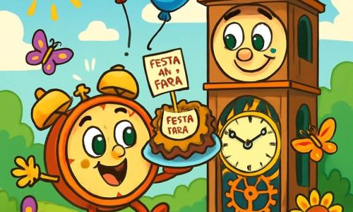 Tic, un piccolo orologio sorridente con occhi scintillanti e lancette dorate, sta saltando di gioia in un giardino soleggiato, circondato da fiori vivaci e farfalle colorate. Accanto a lui, il Grande Orologio, un maestoso orologio da torre con un volto benevolo e ingranaggi visibili, guarda con emozione e orgoglio, i suoi occhi brillano di felicità. Il giardino è pieno di verde lussureggiante, con un cielo azzurro chiaro e nuvole soffici, creando un'atmosfera gioiosa e festosa. Tic ha organizzato una sorpresa per la festa del papà e tiene una deliziosa torta a forma di ingranaggio, pronto a condividerla con il suo papà, mentre palloncini colorati fluttuano intorno a loro, aggiungendo all'atmosfera festiva.