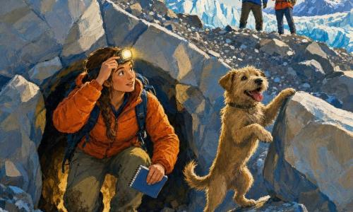 Eine junge Entdeckerin mit braunen Zöpfen, konzentriertem Gesicht und orangener gesteppter Jacke, Kaki-Wanderhose und schlammigen Stiefeln steigt aus einer kleinen Höhle zwischen Felsen, hält mit einer Hand eine Stirnlampe hoch und in der anderen ein Notizbuch; neben ihr ein kleiner mutiger Rüde namens Max mit hellem braunem Fell, heraushängender Zunge und freudigem Blick steht auf den Hinterbeinen auf einem Stein, im Hintergrund zwei Kolleg:innen auf einer Moräne in bunten Anoraks winken vom Gipfel; Ort: karge Gletschersteinhalde mit grauen und beigen Blöcken, feinem Schneestaub, blassblauen Rissen und einem im Sonnenlicht schimmernden Gletscher unter klarem Himmel mit rosa Morgenwolken; Szene des Entdeckungsmoments, warme Lampenbeleuchtung kontrastiert mit kalten Blautönen, Ausdruck von Staunen und Triumph, dynamische Komposition, sichtbare Acrylstruktur mit dicken Pinselstrichen, natürliche Palette mit Orange- und Blautönen.