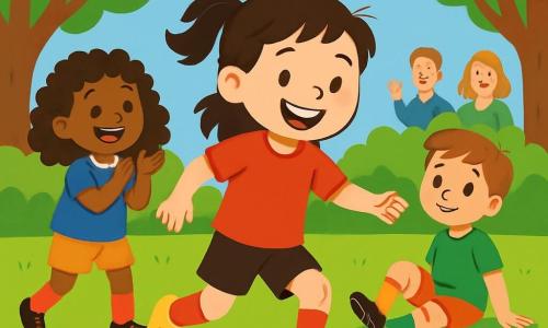 Ein etwa 8-jähriges Mädchen namens Lina steht im Mittelpunkt des Bildes. Sie trägt ein leuchtend rotes Fußballtrikot und schwarze Shorts. Ihr Gesicht strahlt vor Freude, mit einem breiten Lächeln und funkelnden Augen. Sie dribbelt einen Fußball auf einem grünen Spielfeld. Neben ihr applaudiert Mia, ein weiteres 8-jähriges Mädchen mit lockigen Haaren, begeistert und lächelt strahlend. Etwas weiter sitzt Paul, ein 9-jähriger Junge, auf dem Gras mit einem leichten Lächeln, nachdem er gefallen ist. Er trägt ein grünes Trikot und schaut Lina bewundernd an. Das Fußballfeld ist von großen grünen Bäumen umgeben, und der Himmel ist hellblau mit einigen weißen Wolken. Im Hintergrund stehen Zuschauer, wie Eltern, die lächeln und die Kinder anfeuern. Die Hauptszene zeigt Lina, die entschlossen den Ball dribbelt, bereit, ein Tor zu erzielen, während ihre Freunde sie mit Freudenrufen anfeuern. Die Atmosphäre ist voller Glück und Energie.