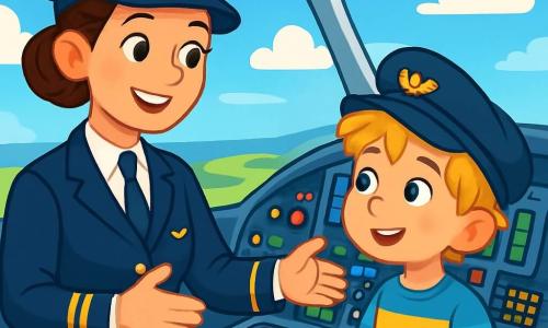 Captain Mira, a smiling and confident female pilot, stands in the cockpit of an airplane. She wears a pristine navy uniform with a cap adorned with a gold insignia. Her brown hair is neatly tied in a bun, and her eyes sparkle with excitement. Next to her, a young boy of about 8, with tousled blonde hair, gazes in wonder at the cockpit instruments. He wears a pilot's cap and a colorful striped t-shirt, his wide eyes revealing his curiosity. The cockpit is bright, featuring large control panels filled with colorful buttons and sparkling screens. Outside, the sky is a brilliant blue, dotted with fluffy white clouds, and below is a landscape of green fields and winding roads. The main scene shows Captain Mira explaining to the children how to pilot an airplane, while the young boy listens attentively, fascinated by the world of flight. The atmosphere is joyful and full of discovery, with a touch of adventure in the air.