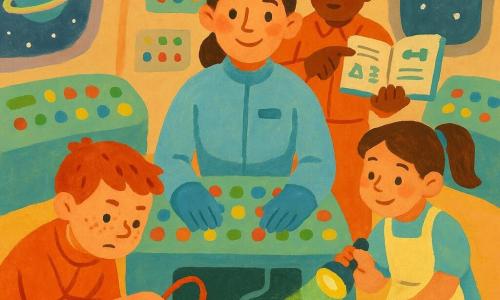 A smiling, serene woman (Captain Mira) with tied brown hair in a slightly glowing light-blue spacesuit has her hands on a large colorful control panel, a focused 12-year-old boy (Ben) with short freckled hair leans left holding a red wire, an 8-year-old girl (Lila) with a ponytail and light apron to the right holds a small yellow lamp illuminating Ben’s work, a dark-skinned 25-year-old man (Kofi) with round glasses stands behind them reading an illustrated manual and pointing at an instruction; inside a warm gouache-style spaceship with rounded consoles, multicolored buttons, oval windows showing a starry sky and neon-ringed planet, pastel floors and walls, the team collaboratively repairs a loose wire as a green light returns to the panel, with precise gestures and shared smiles.