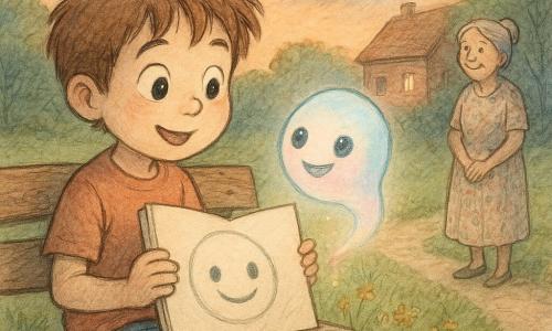 Menino de 8 anos, rosto redondo, cabelo castanho desgrenhado, olhos grandes e curiosos, sentado num banco de parque segurando um grande caderno de desenho aberto que mostra um rosto sorridente; uma pequena criatura extraterrestre luminosa chamada Luma, em forma de bola translúcida com rosto de grandes olhos e largo sorriso, tons pastel (azul pálido e rosa), flutuando à altura das mãos do menino e emitindo um brilho suave; uma mulher idosa (cerca de 60 anos) de cabelo grisalho preso em coque e vestido florido, sorrindo e parada um pouco atrás junto a um caminho de cascalho; cenário: pequeno parque ao crepúsculo com relva verde, flores silvestres, banco de madeira gasto e uma casa de tijolos vermelhos ao fundo com uma luzinha no telhado, céu laranja com nuances de azul; situação: encontro mágico — o menino mostra seu desenho e a criatura surge de uma pequena esfera de luz, troca de olhares cúmplices e atmosfera doce de maravilhamento; estilo visual: traço fino a lápis, entintado delicado, aquarela leve em tons quentes e pastéis, textura de papel visível, composição centrada e iluminação suave vinda da criatura.