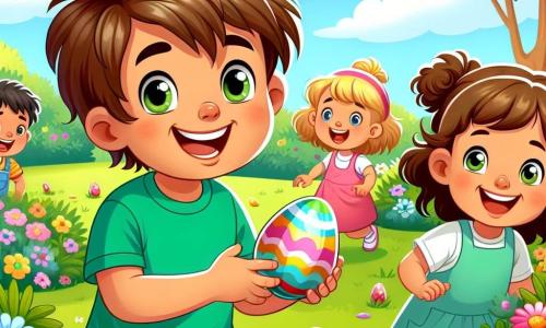 A 6-year-old boy named Oliver, with messy brown hair and a big smile, is playing in a sunny park. He wears a bright green t-shirt and blue shorts, holding a colorful Easter egg in his hand, his eyes sparkling with excitement. Next to him, a 6-year-old girl with curly hair in a pink dress is joyfully searching for more hidden eggs in the grass. In the background, a caring mother, around 30 years old with brown hair in a bun, watches them proudly while holding a newly planted flower pot. The park is filled with colorful flowers, large trees with bright green leaves, and other children playing around, creating a joyful spring atmosphere. The scene captures Oliver and his friends in an egg hunt, filled with laughter and smiles, embodying the magic of spring.