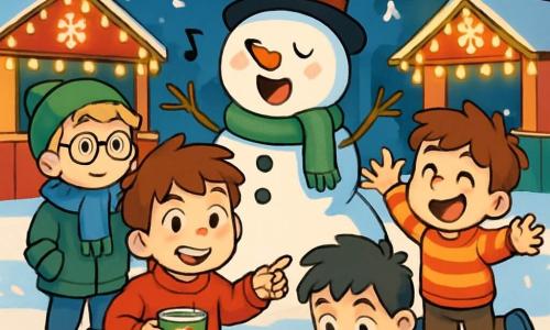 There are four children: Max, a 10-year-old boy with messy brown hair and sparkling eyes, wearing a big red sweater with a snowman and holding a mug of hot chocolate, standing in the center, smiling and pointing at the snowman. Oliver, a 9-year-old boy with blonde hair and round glasses, wearing a blue scarf and a green beanie, is slightly back, gazing at the snowman in awe. Sam, a 10-year-old boy with black hair and a curious smile, wearing a navy coat and yellow gloves, is crouched near the snowman, digging in the snow. Leo, a 9-year-old boy with brown hair and a mischievous face, wearing a striped sweater and snow boots, is next to Max, laughing and raising his arms in the air. The scene takes place in a lively park adorned with twinkling lights. Colorful Christmas market stalls are decorated with snowflakes, and a large smiling snowman stands in the center, joyfully singing. Snowflakes gently fall, creating a magical atmosphere. The main situation shows the children discovering the singing snowman, surrounded by laughter and lights. Max points at the snowman while Sam digs in the snow at his feet, searching for hidden treasure. The children's faces are filled with wonder and joy, capturing the festive spirit of Christmas.