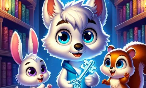 Wally, a small wolf with bright eyes and soft, fluffy fur, stands at the center of the scene, looking curious and excited, holding a sparkling blue key in his little paws. Next to him, Benny the Rabbit, with his large ears and white fur, gazes at the key in wonder, his round eyes filled with joy. Sally the Squirrel, with her bushy tail and reddish fur, jumps for joy, her little paws raised, full of energy and enthusiasm. The scene takes place in a magical library, where moonbeams illuminate shelves filled with ancient books with colorful covers. Sparkling stars hang from the ceiling, and shadows dance around them, creating a mysterious and enchanted atmosphere. The three friends are together discovering the mystery of the blue key, ready to explore a world filled with hidden treasures and thrilling adventures.