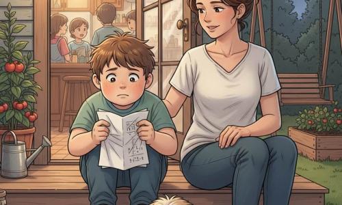 A 12-year-old boy with a round face, light freckles and messy chestnut hair sits on a porch step, timidly holding a crumpled math paper, hunched and anxious then relieved, gripping the paper; his mother in her thirties with brown hair in a loose bun and a gentle, reassuring expression sits beside him, calm and caring with her hand near him but not touching; a medium long-haired shaggy dog lies at the foot of the steps, attentive with its tongue out; through a lit glass door the kitchen is visible with blurred silhouettes; behind them a garden with tomato beds, a slightly rusty metal watering can and a creaky wooden swing sits under a soft night lit by a yellow porch lamp, a small moth circles the bulb; the moment shows the boy finally confessing the truth to his mother with the homework between them, warm light on their faces and close framing to capture the emotion.