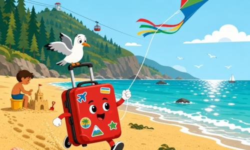 Una piccola valigia antropomorfa rossa sorridente con occhi neri tondi, piccole mani bianche e adesivi colorati tiene la corda di un aquilone e corre sulla spiaggia; un gabbiano bianco e grigio curioso è posato sulla maniglia con la testa inclinata e ali leggermente aperte; sullo sfondo una silhouette di bambino abbronzato è seduta su un secchiello giallo a costruire un castello di sabbia, concentrata; spiaggia ampia e dorata con granelli texture, piccole dune, alghe verde scuro sparse e conchiglie lucenti; mare blu-verde con onde dolci bianche e riflessi argentati, cielo azzurro chiaro con nuvole soffici, pini verdi densi e una teleferica rossa su una collina lontana; situazione principale: la valigia corre sul bagnasciuga lasciando orme, l'aquilone multicolore si eleva in un cielo luminoso, atmosfera estiva gioiosa e leggera.