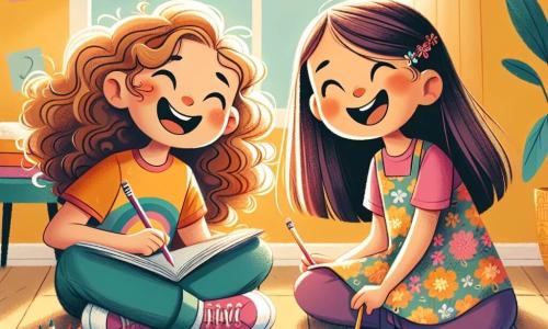 Una niña de 10 años, Clara, con cabello rizado y castaño, lleva una camiseta colorida y unos jeans. Tiene una gran sonrisa en el rostro, mostrando su alegría y determinación, mientras está sentada en el suelo, rodeada de lápices de colores y hojas de papel, resolviendo problemas de matemáticas. A su lado, su mejor amiga Sofía, también de 10 años, tiene el cabello largo y liso, recogido en una coleta. Lleva un vestido de flores y sonríe con ánimo, sosteniendo una tarjeta de memoria en la mano, lista para ayudar a Clara. La escena transcurre en la luminosa sala de Clara, con paredes pintadas de amarillo y rayos de sol filtrándose a través de una ventana, iluminando el suelo de madera donde están sentadas. Clara y Sofía están inmersas en un momento de complicidad, divirtiéndose al aprender matemáticas juntas, convirtiendo el estudio en un juego alegre y colorido.