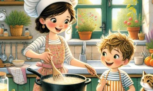 Clara, uma chef entusiasta na casa dos trinta anos, usa um grande chapéu de chef branco e um avental colorido. Com os cabelos castanhos presos em um coque e um sorriso radiante, ela mistura um risoto cremoso em uma grande panela. Ao seu lado, Lucas, um garoto de nove anos com cabelos loiros bagunçados e olhos brilhantes, observa com admiração. Ele segura uma colher de madeira, pronto para ajudar, e usa um pequeno avental listrado. A cena acontece em uma cozinha acolhedora e iluminada, com luz natural entrando pela janela. Ervas frescas e vegetais coloridos estão dispostos na bancada de madeira, enquanto um gato curioso, Pesto, se esgueira entre as pernas de Clara, atraído pelo aroma delicioso do risoto. Clara e Lucas estão preparando um prato especial para o Festival Gastronômico, compartilhando um momento de cumplicidade e alegria, cercados pela agitação da cozinha.