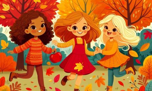 Três meninas, Ana (8 anos, cabelos castanhos e cacheados, vestindo um vestido vermelho), Bia (7 anos, cabelos loiros e lisos, usando um suéter amarelo) e Clara (6 anos, cabelos castanhos e ondulados, vestida com uma saia laranja), estão em um jardim de outono. Ana está à esquerda, sorrindo, segurando uma grande maçã vermelha nas mãos. Bia está no centro, rindo, com folhas coloridas ao seu redor. Clara está à direita, recolhendo folhas douradas, com os olhos brilhando de alegria. O jardim está cheio de árvores magníficas com folhas vibrantes, variando do vermelho intenso ao laranja brilhante, com um céu azul claro ao fundo. O chão está coberto de folhas caídas, criando um tapete colorido. As meninas se divertem pulando nas folhas, rindo e brincando juntas, enquanto uma leve brisa de outono faz as folhas dançarem ao redor delas.