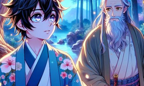 Haruto, ein junger Mann von etwa 20 Jahren, hat zerzauste schwarze Haare und Augen, die vor Entschlossenheit funkeln. Er trägt einen traditionellen blauen Kimono mit Mustern von blühenden Kirschbäumen, und sein Gesicht zeigt tiefe Konzentration, während er vor einem majestätischen Baum, dem 