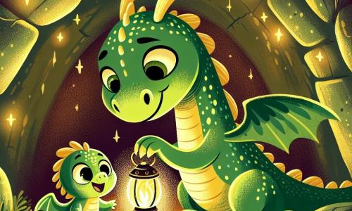 Een kleine groene draak met glanzende schubben, grote ronde ogen en een nieuwsgierige, iets bange uitdrukking, staat in het midden van de afbeelding en houdt een zacht lampionnetje vast dat zijn gezicht verlicht. Naast hem staat zijn mama, een grote draak met gouden schubben, die glimlachend en troostend een knuffel geeft terwijl ze zachtjes zingt, haar delicate vleugels om hen heen gevouwen voor een warme sfeer. De scène speelt zich af in een knusse grot met door de tijd gladgestreken stenen muren, versierd met kleine fonkelende sterren op de wand, en een vloer bedekt met zachte groene moskussens. De kleine draak, een beetje bang voor de duisternis, ontdekt dat het lampionnetje dansende schaduwen om hem heen verlicht, terwijl zijn mama hem aanmoedigt om te zingen om zijn angsten te kalmeren, waardoor de angst voor het donker verandert in een magisch en troostend moment.