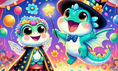 Un pequeño dragón llamado Luz, con escamas brillantes de color turquesa y alas centelleantes como estrellas, salta alegremente en medio de una lluvia de flores multicolores, su rostro radiante de felicidad y asombro. A su lado, una pequeña rana mágica llamada Coco, con un gran sombrero de mago negro adornado con estrellas doradas, sonríe con orgullo, sosteniendo una varita mágica brillante en sus patas. Coco está sobre un pequeño escenario, rodeado de confeti colorido, mirando a Luz con admiración. El decorado es un circo deslumbrante, lleno de carpas a rayas rojas y blancas, luces centelleantes y un cielo azul brillante salpicado de nubes esponjosas. Globos de colores flotan en el aire, añadiendo a la atmósfera festiva. La situación principal muestra a Luz y Coco realizando un truco de magia juntos, con flores cayendo del cielo como por arte de magia, creando una escena alegre y mágica que maravilla a todos los espectadores del circo.