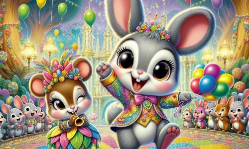 Hopsi, ein niedlicher kleiner grauer Hase mit großen leuchtenden Augen und langen Ohren, springt voller Freude in der Mitte des Bildes in einem bunten Kostüm, das mit Glitzer und Ballons geschmückt ist. Er hat ein breites Lächeln und strahlt vor Aufregung für den Karneval. Neben ihm spielt Mimmi, eine schlaue kleine Maus mit braunem Fell und einem hübschen Kleid aus bunten Blättern, Trompete, ihr Gesicht erleuchtet von Freude und Begeisterung. Die Szenerie ist ein magischer Garten, gefüllt mit leuchtenden Blumen, Papiergirlanden und schwebenden Ballons. Majestätische Bäume, geschmückt mit funkelnden Lichtern, stehen im Hintergrund, während ein großer Teppich aus bunten Blumen sich unter ihren Pfoten erstreckt. Die Szene zeigt den Moment, in dem Hopsi und Mimmi sich auf den großen Karnevalsumzug vorbereiten, umgeben von anderen fröhlichen Tieren, die bereit sind, gemeinsam in einer festlichen und bunten Atmosphäre zu feiern.