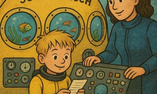 Ein 6-jähriger Junge, Jona, mit zerzaustem blondem Haar und neugierigen Augen, trägt einen leuchtend gelben Taucheranzug. Er ist konzentriert und lächelt, während er eine Liste in der Hand hält. Neben ihm steht Tante Mara, eine 35-jährige Frau, in einem blauen Taucheranzug mit einem freundlichen Gesichtsausdruck. Sie befindet sich in der Nähe des Steuerpults des U-Boots. Das U-Boot, 