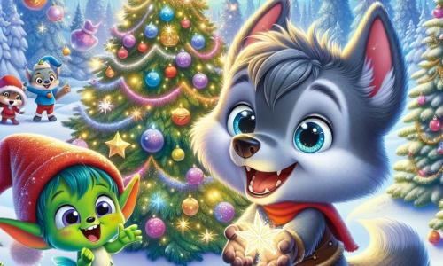 Un pequeño lobo llamado Lucas, con pelaje gris y ojos brillantes de curiosidad, se encuentra en el centro de la escena, sonriendo con asombro mientras sostiene una estrella brillante entre sus patas. A su lado, un duendecillo llamado Nilo, con piel verde y un sombrero rojo puntiagudo, salta de alegría, sus ojos chispeando de emoción mientras aplaude a Lucas. Al fondo, un gran árbol de Navidad brillante, decorado con guirnaldas coloridas y bolas brillantes, ilumina el paisaje nevado. La escena tiene lugar en el mágico Bosque Navideño, donde la nieve cae suavemente, cubriendo el suelo con un manto blanco resplandeciente, y pequeños duendes se afanan alrededor, creando una atmósfera festiva y alegre. Lucas y Nilo celebran juntos el descubrimiento de la estrella de Navidad, símbolo de magia y amistad, en un momento de pura felicidad.