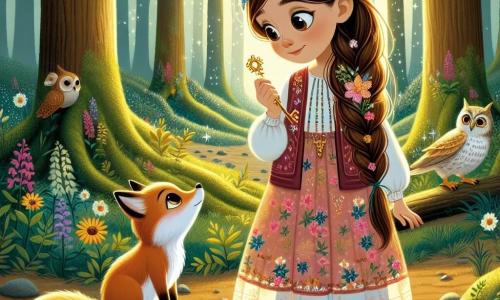 Una niña de 9 años, llamada Ana, se encuentra al borde de un arroyo brillante, con los ojos llenos de curiosidad. Tiene el cabello largo y trenzado con flores de colores, y lleva un vestido ligero con motivos florales. Ana contempla su reflejo en el agua, sosteniendo una llave dorada en su mano, símbolo de su aventura. A su lado, un pequeño zorro de pelaje dorado la observa con una sonrisa. En el fondo, un viejo búho de plumas blancas, posado en una rama baja, observa la escena con sabiduría. El lugar es un bosque encantado, con árboles majestuosos y hojas que bailan al viento. Rayos de sol filtran a través del follaje, creando patrones luminosos sobre el suelo cubierto de flores silvestres y musgo. Ana, maravillada, reflexiona sobre el significado de la llave, mientras el zorro la anima a descubrir los misterios de la libertad y la justicia, creando una atmósfera mágica y filosófica.