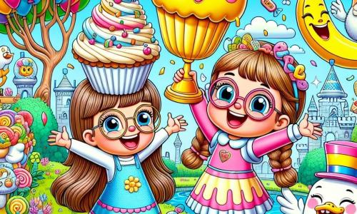 Clara, una niña de 8 años con largos cabellos castaños y gafas redondas, se encuentra en el centro de la imagen, riendo a carcajadas con un cupcake gigante en la mano. A su derecha, Sofía, una niña de 7 años con trenzas rubias, sonríe sosteniendo un gran plátano sonriente, el trofeo que han ganado. Al fondo, el País de las Risas es un lugar mágico, lleno de árboles con hojas en forma de globos coloridos y flores que parecen reír, con nubes en forma de caramelos flotando en un cielo azul brillante. La escena muestra a Clara y Sofía en plena competencia de comida, rodeadas de animales divertidos, como un pato disfrazado de mago y una tortuga risueña, mientras intentan comer la mayor cantidad de golosinas posible, creando una atmósfera alegre y lúdica.