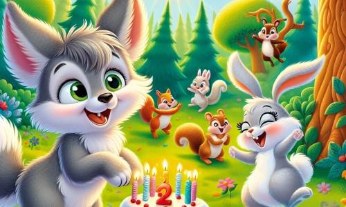 Little Wolf, a young gray wolf with soft fur and sparkling joyful eyes, dances happily in a sunny clearing, a big smile on his face. Next to him, Rabbit, an adorable white rabbit with large ears, holds a colorful cake with candles, displaying an enthusiastic and joyful expression. Mischievous squirrels with bright eyes and red fur dance around them, laughing and having fun, adding a touch of cheer to the scene. The clearing is surrounded by majestic trees with vibrant green leaves, and colorful flowers dot the ground, creating a festive and magical atmosphere. Little Wolf is celebrating his birthday with friends, sharing the cake and dancing under the sun, surrounded by laughter and joy.