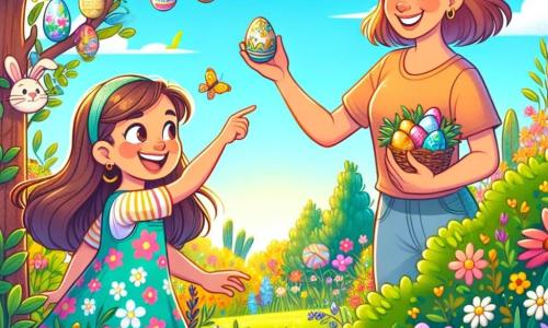 Een 8-jarig meisje, Lotte, met lange bruine haren en sprankelende ogen, zoekt naar chocolade-eieren in een zonnige tuin. Ze draagt een kleurrijke jurk met bloemenpatronen en een grote glimlach, vol enthousiasme. Naast haar moedert, een vrouw van ongeveer 35 jaar met kastanjebruine haren en een warme glimlach, die haar aanmoedigt door een ei te wijzen dat achter een struik verstopt is. De tuin is gevuld met felle bloemen, weelderig groen en kleurrijke paask versieringen zoals konijnen slingers en beschilderde eieren aan de takken. De lucht is blauw met enkele donzige witte wolken, wat een vrolijke, lentachtige sfeer creëert. Lotte ontdekt een glanzend chocolade-ei dat verstopt is onder een bloem, met verraste en blije ogen, terwijl haar moeder trots toekijkt en dit magische moment van de paaseierenjacht deelt.