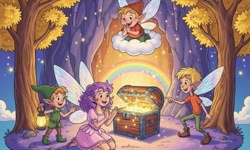 Uma pequena fada chamada Lila, asas iridescentes translúcidas, vestido rosa claro com folhos, cabelos roxos encaracolados, rosto maravilhado, ajoelhada diante de um antigo baú que emite uma luz dourada quente; um duende chamado Zazu, pequeno, pele clara, chapéu pontudo verde, segura uma lanterna mágica à esquerda de Lila; Pipo, duende rechonchudo com sardas, flutua numa nuvem aplaudindo acima do baú; Nino, duende magro de cabelos loiros despenteados, aponta o baú à direita; cenário: ilha flutuante com árvores de folhas douradas, chão de musgo roxo, estalactites luminosas e pequenas estrelas cintilantes; cena: caverna central aberta iluminada por uma ponte arco-íris dourada, baú no centro rodeado por estrelas dançantes e atmosfera mágica e acolhedora; estilo: cores vivas e saturadas, contornos nítidos, textura de algodão nas nuvens, reflexos brilhantes no madeira e metal do baú.